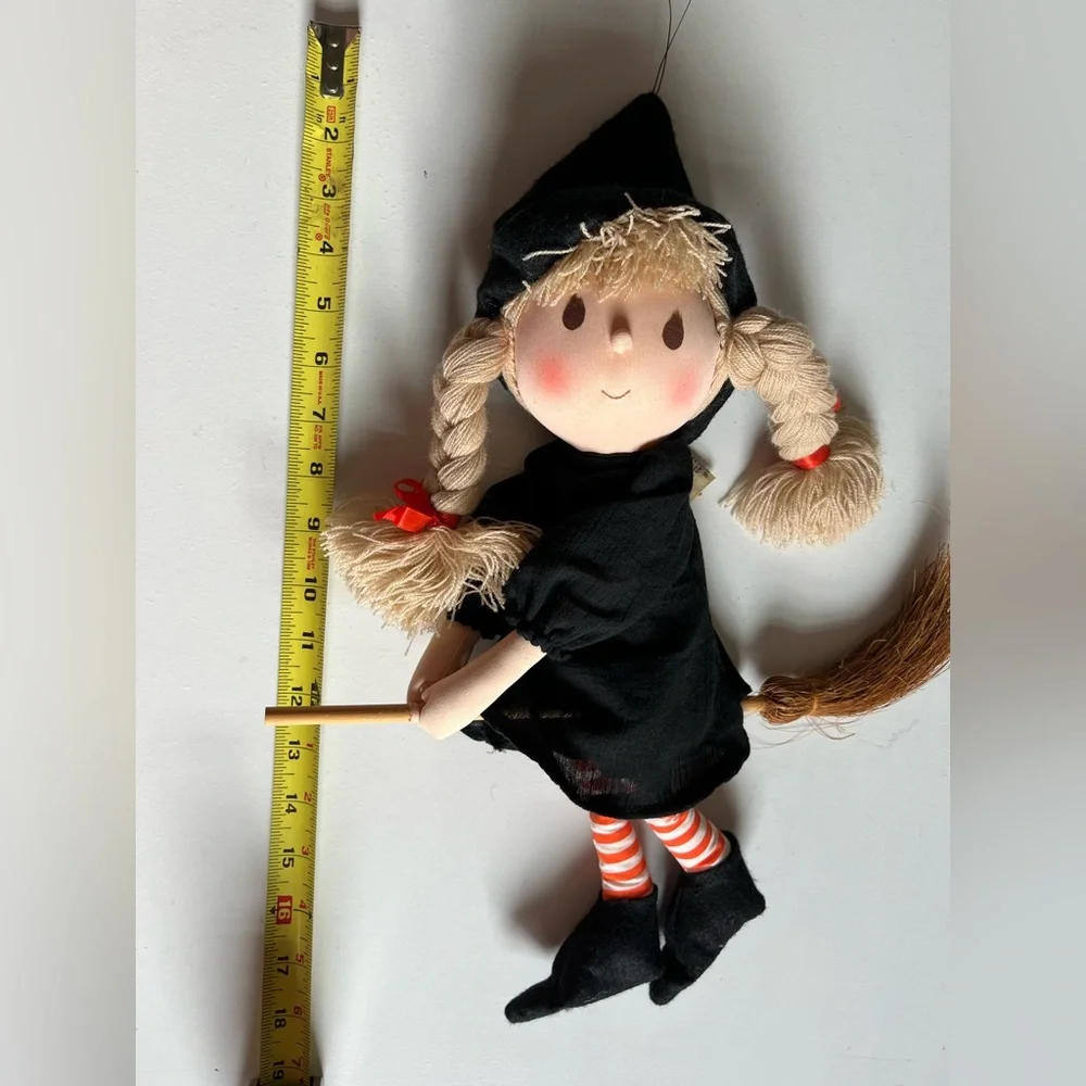Vintage Applause 1984 Halloween Hanging Girl Witch with broom yarn, cloth, fiber